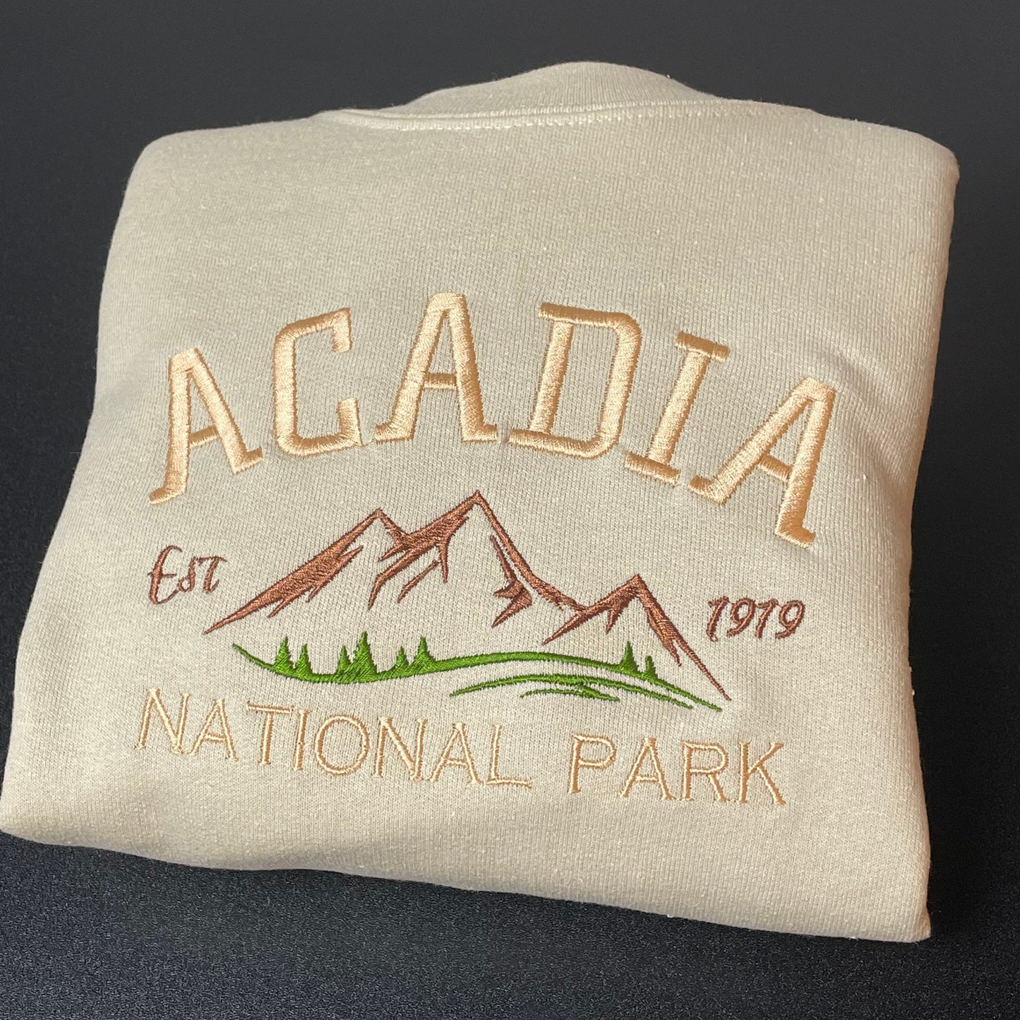 Acadia National Park Embroidered Crewneck Sweatshirt (Mountain)
