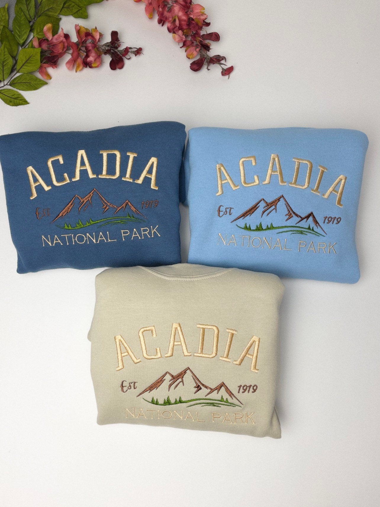 Acadia National Park Embroidered Crewneck Sweatshirt (Mountain)