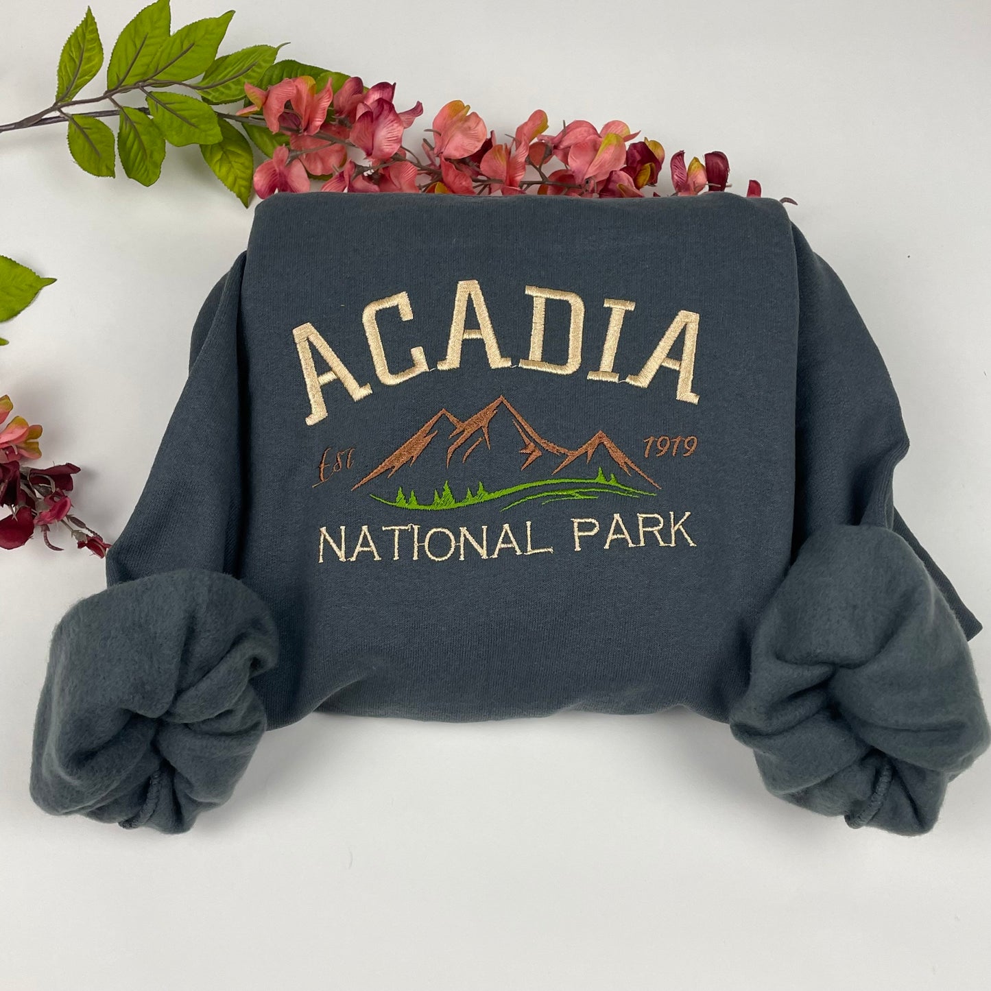 Acadia National Park Embroidered Crewneck Sweatshirt (Mountain)
