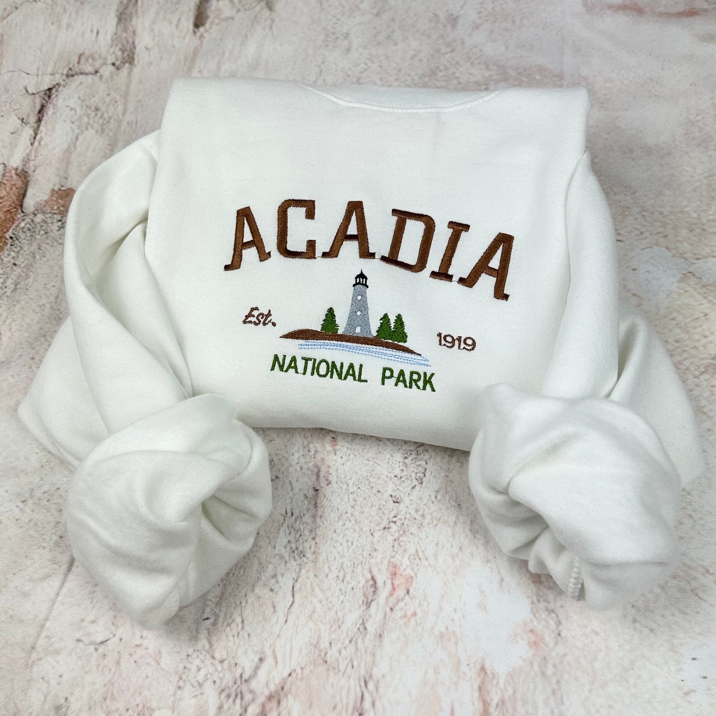 Acadia National Park Embroidered Crewneck Sweatshirt (Light House)