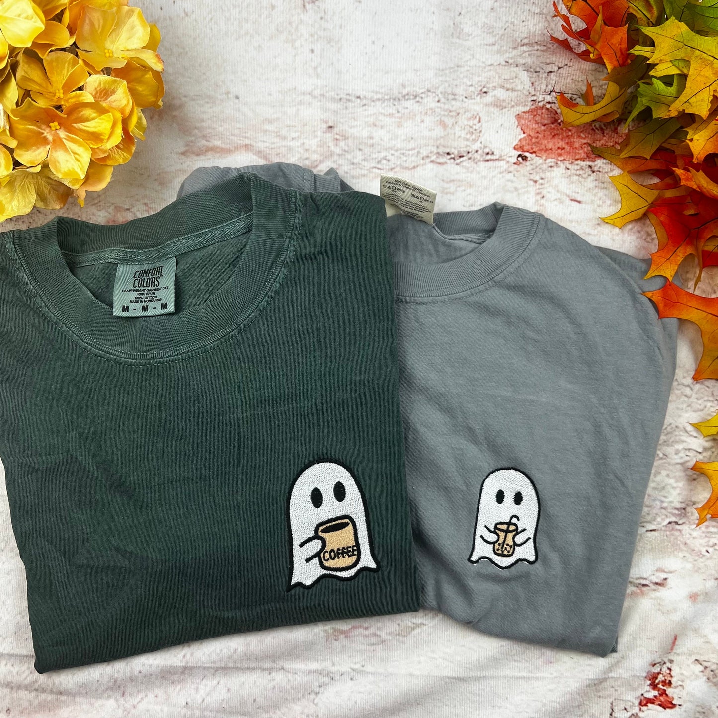 Ghost Coffee Embroidered T-shirt- Funny shirt- Halloween Ghost Comfort colors T-shirt