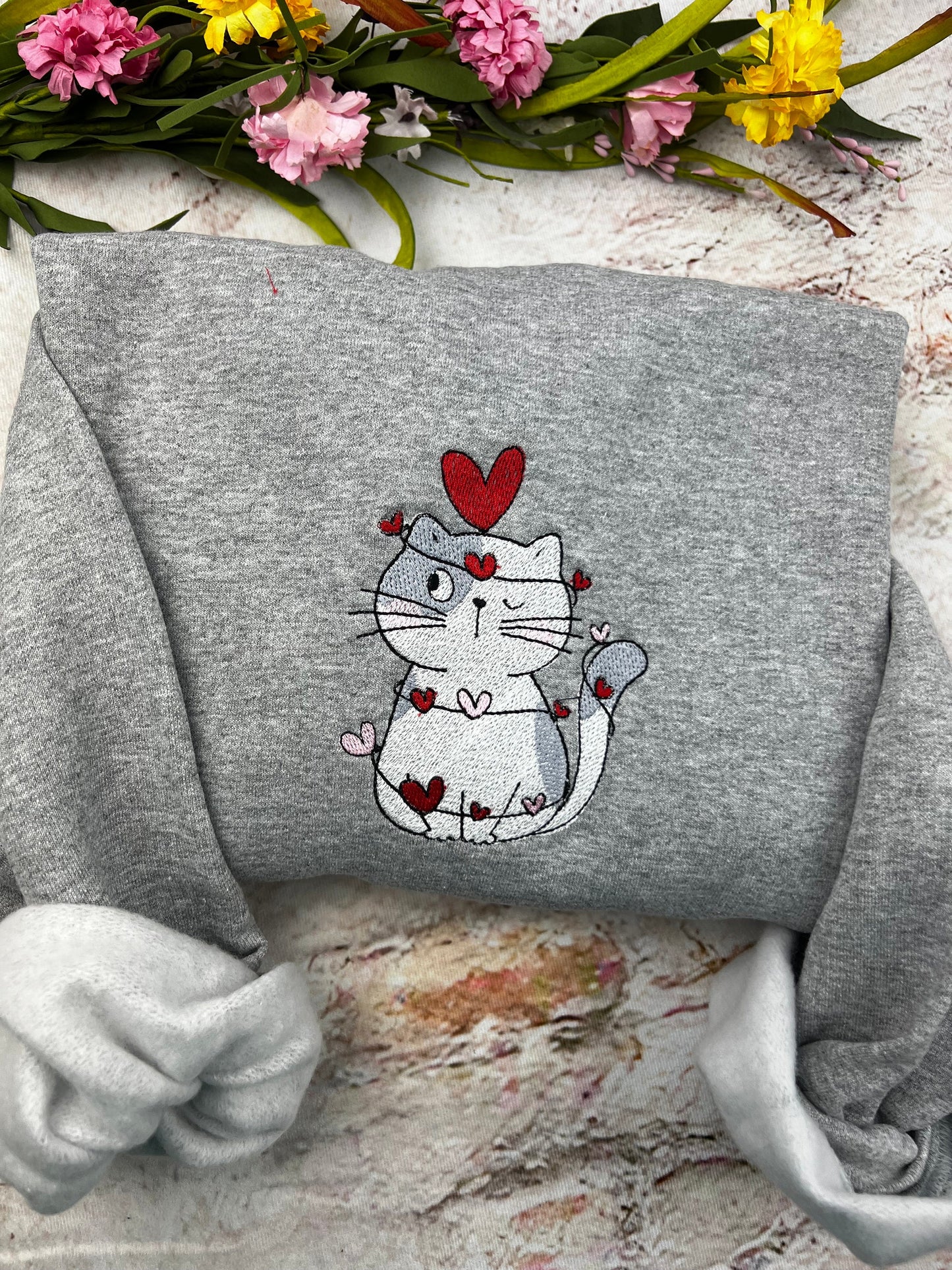 Embroidered Cute Cat Valentine Sweatshirt, Cat Lover Valentine Sweatshirt, Girls Valentines Day Gift, Funny Valentines Day Sweater.