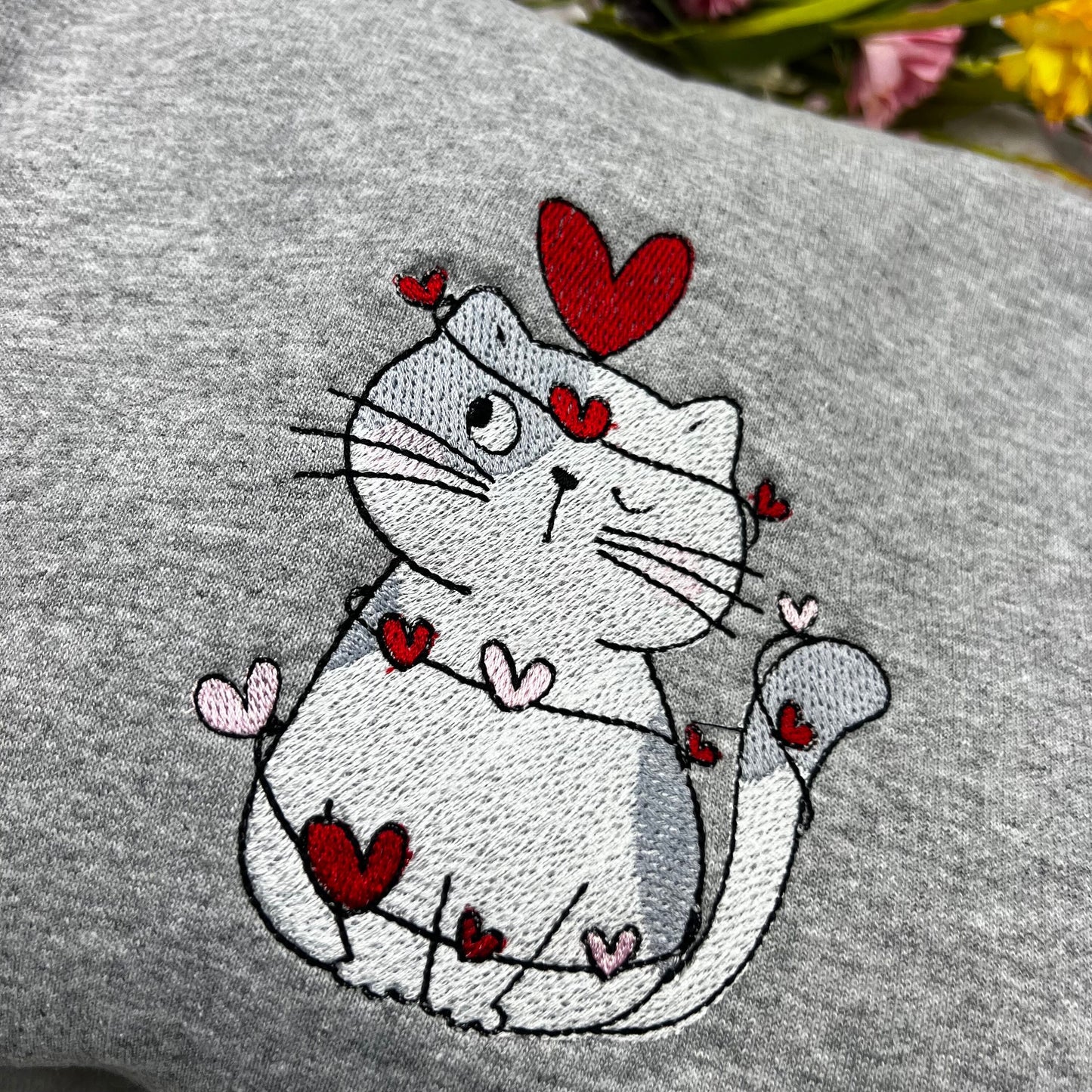 Embroidered Cute Cat Valentine Sweatshirt, Cat Lover Valentine Sweatshirt, Girls Valentines Day Gift, Funny Valentines Day Sweater.