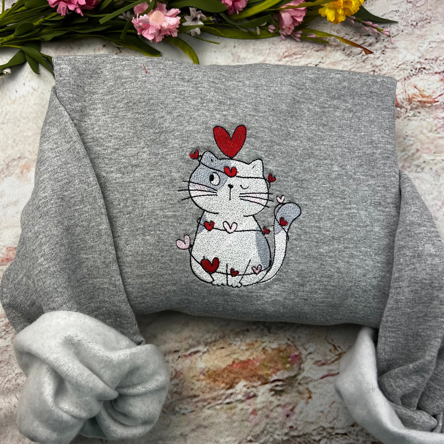 Embroidered Cute Cat Valentine Sweatshirt, Cat Lover Valentine Sweatshirt, Girls Valentines Day Gift, Funny Valentines Day Sweater.