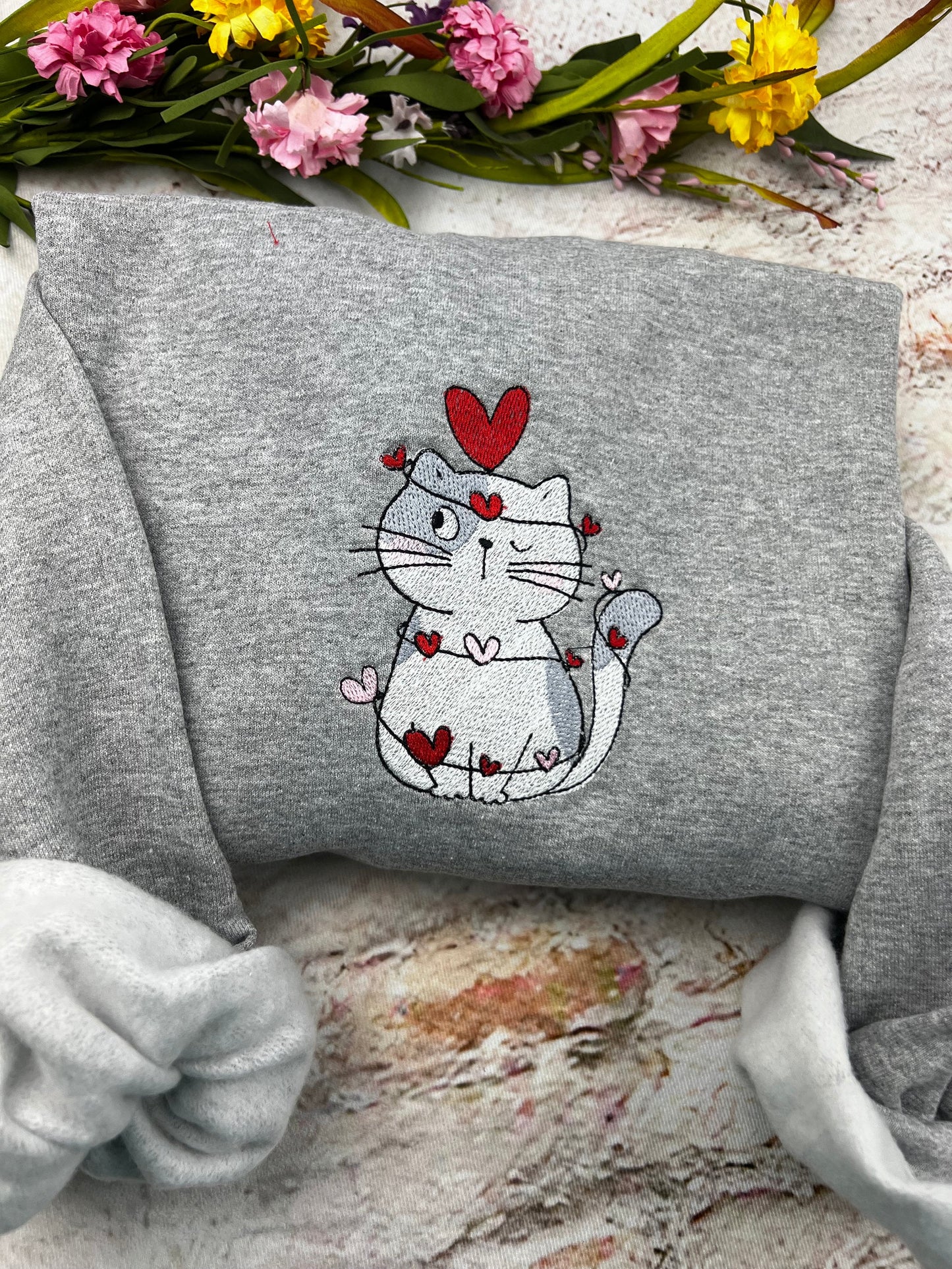 Embroidered Cute Cat Valentine Sweatshirt, Cat Lover Valentine Sweatshirt, Girls Valentines Day Gift, Funny Valentines Day Sweater.
