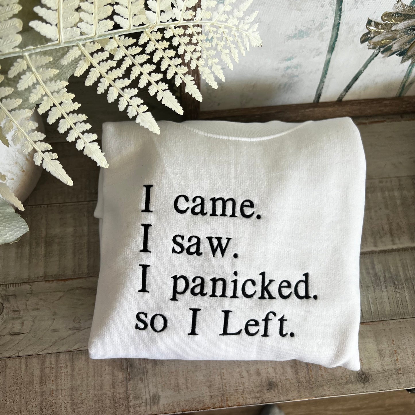 I Came I Saw I Panicked So I Left Embroidered Sweatshirt – Funny Introvert Gift, Anxious Girl Hoodie, Mental Health Humor Pullover