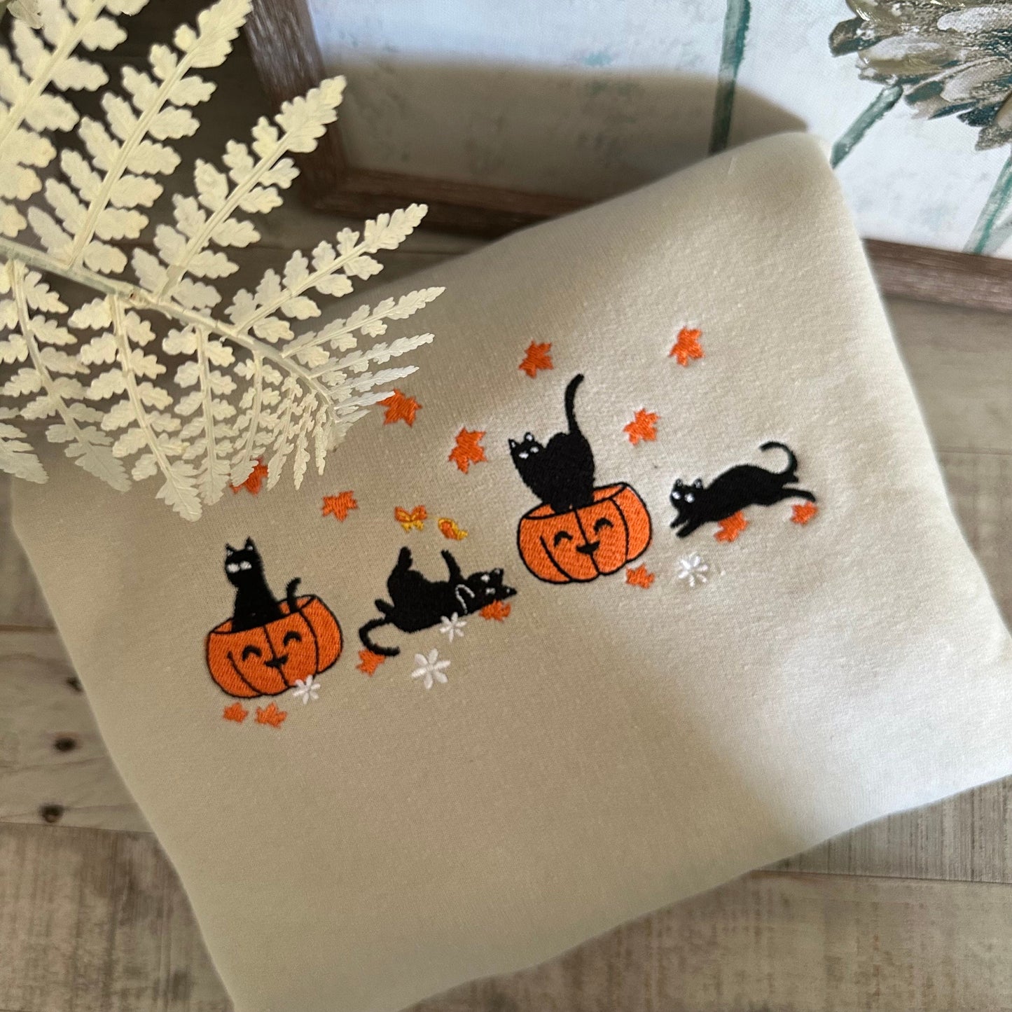 Halloween Embroidered Sweatshirt - Black Cats and Pumkin Shirt