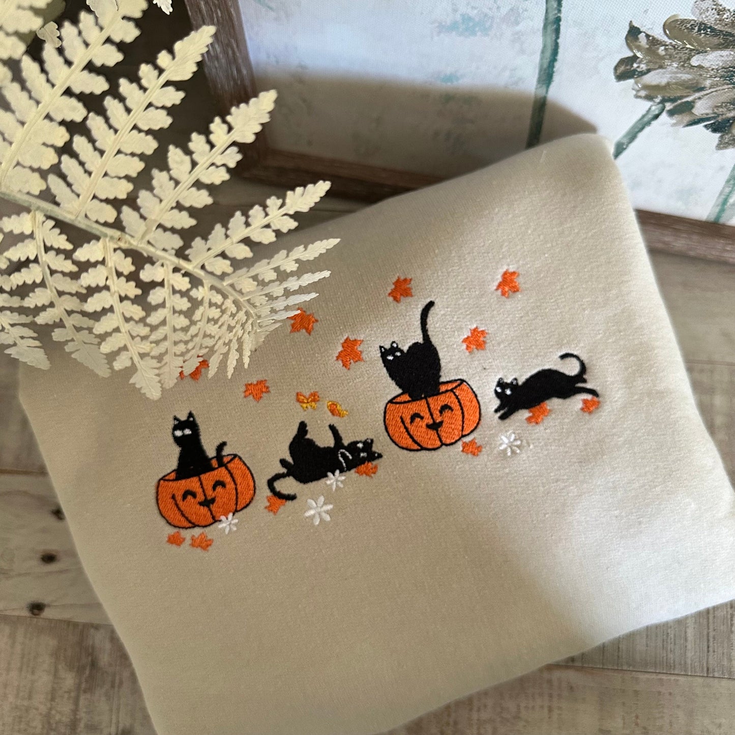 Halloween Embroidered Sweatshirt - Black Cats and Pumkin Shirt