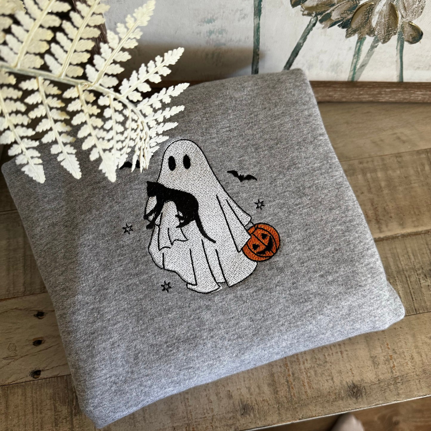 Halloween Embroidered Sweatshirt - Ghost Holdint Black Cat
