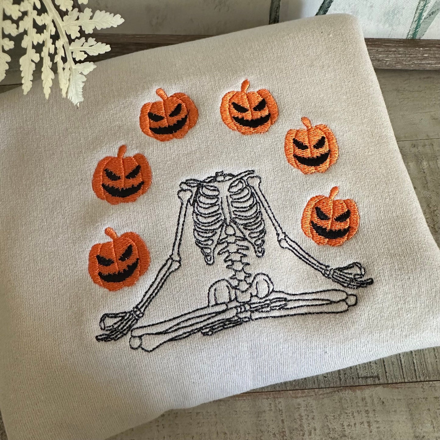 Halloween Embroidered Sweatshirt - Skeleton Juggling Jack-o'-lanterns