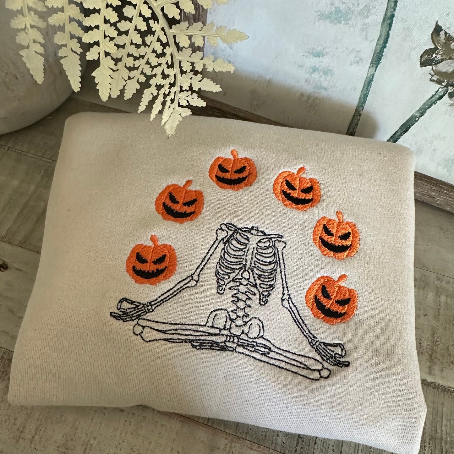 Halloween Embroidered Sweatshirt - Skeleton Juggling Jack-o'-lanterns