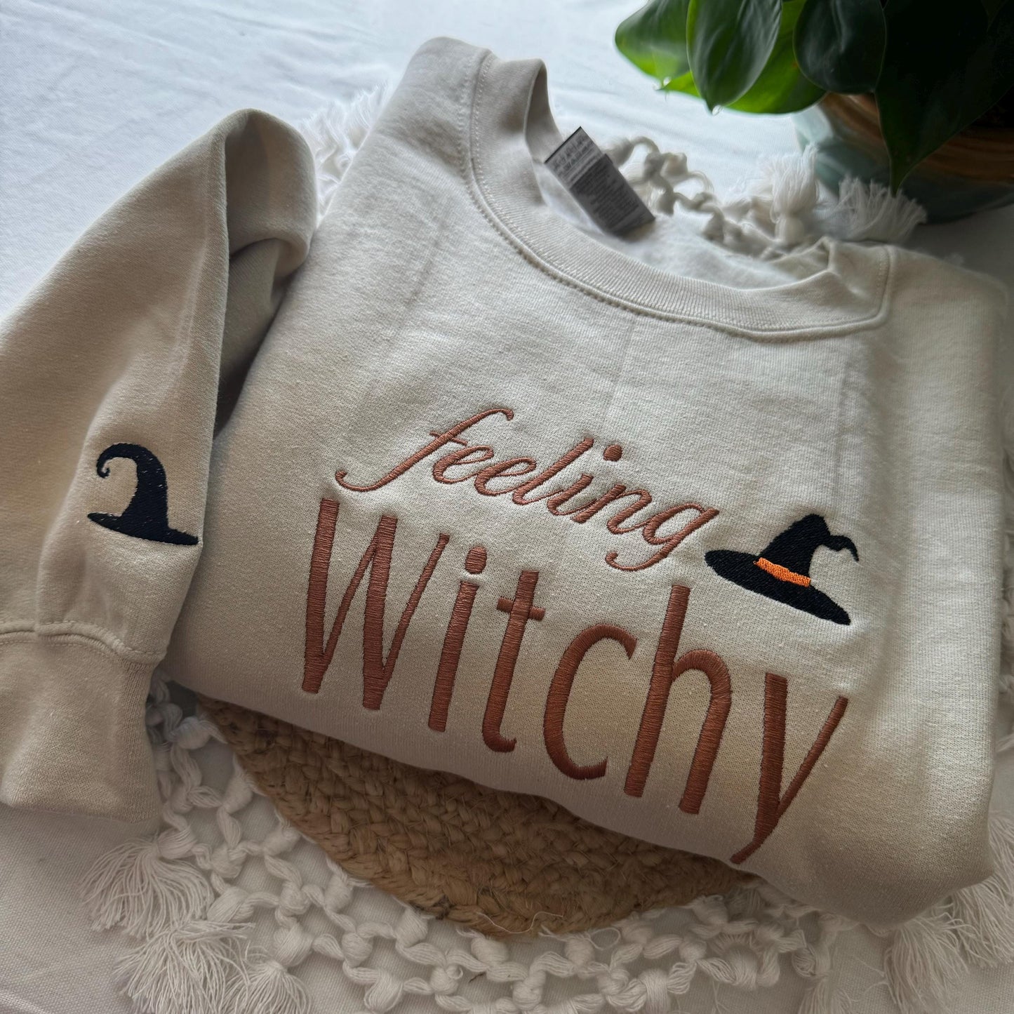 Feeling witchy Sweatshirt- Halloween Embroidered Sweatshirt - Ghost Holdint Black Cat- Halloween Costume
