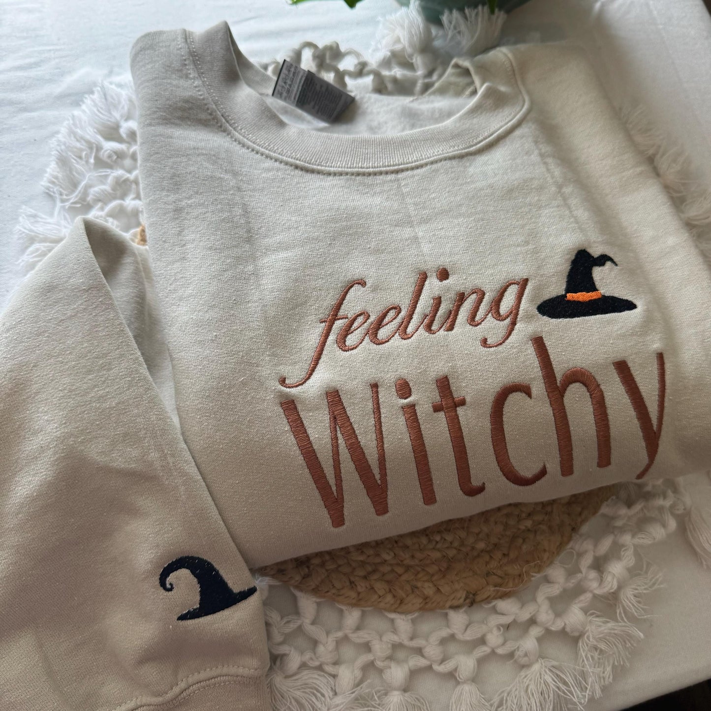 Feeling witchy Sweatshirt- Halloween Embroidered Sweatshirt - Ghost Holdint Black Cat- Halloween Costume