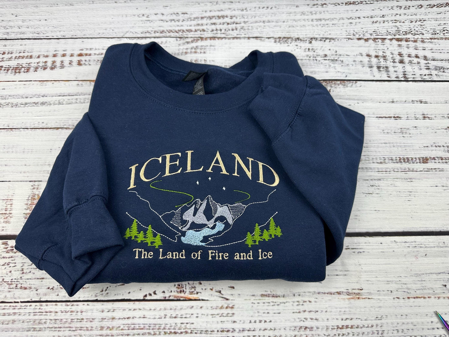 Iceland Embroidered Sweatshirt - Land of Fire and Ice - Handmade Embroidered Travel Gift - Nordic Mountains Aurora
