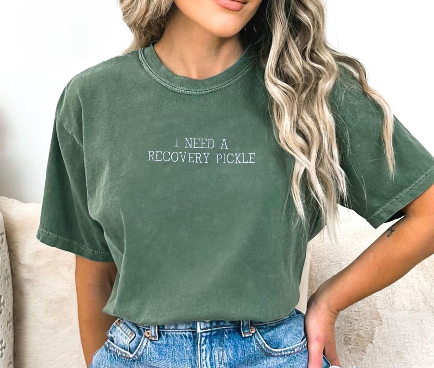 I Need a Recovery Pickle Embroidered T-Shirt – Comfort Colors Unisex Tee, Funny Pickle Lover Gift, Soft Cotton, Relaxed Fit, Pickle Humor