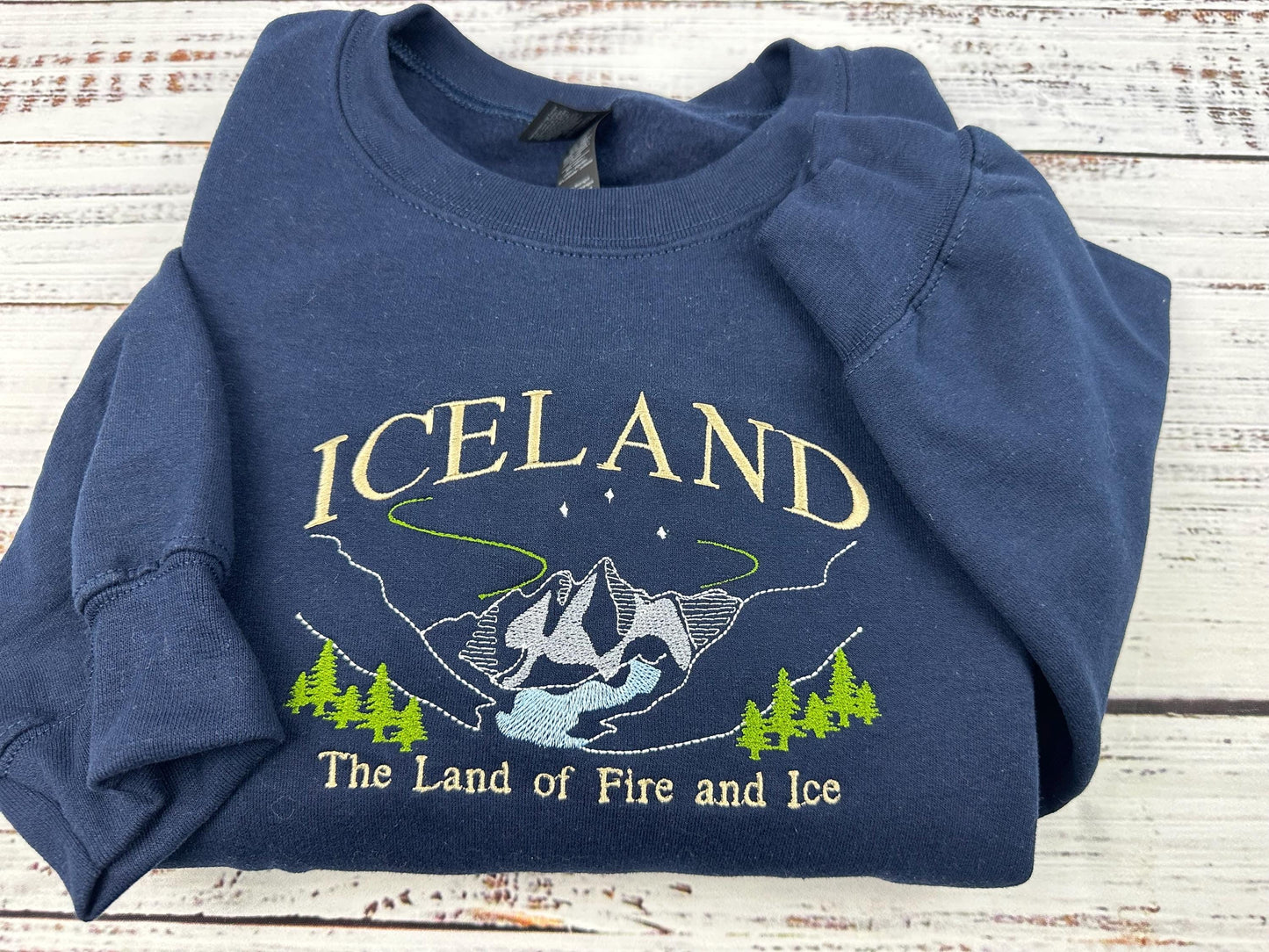 Iceland Embroidered Sweatshirt - Land of Fire and Ice - Handmade Embroidered Travel Gift - Nordic Mountains Aurora
