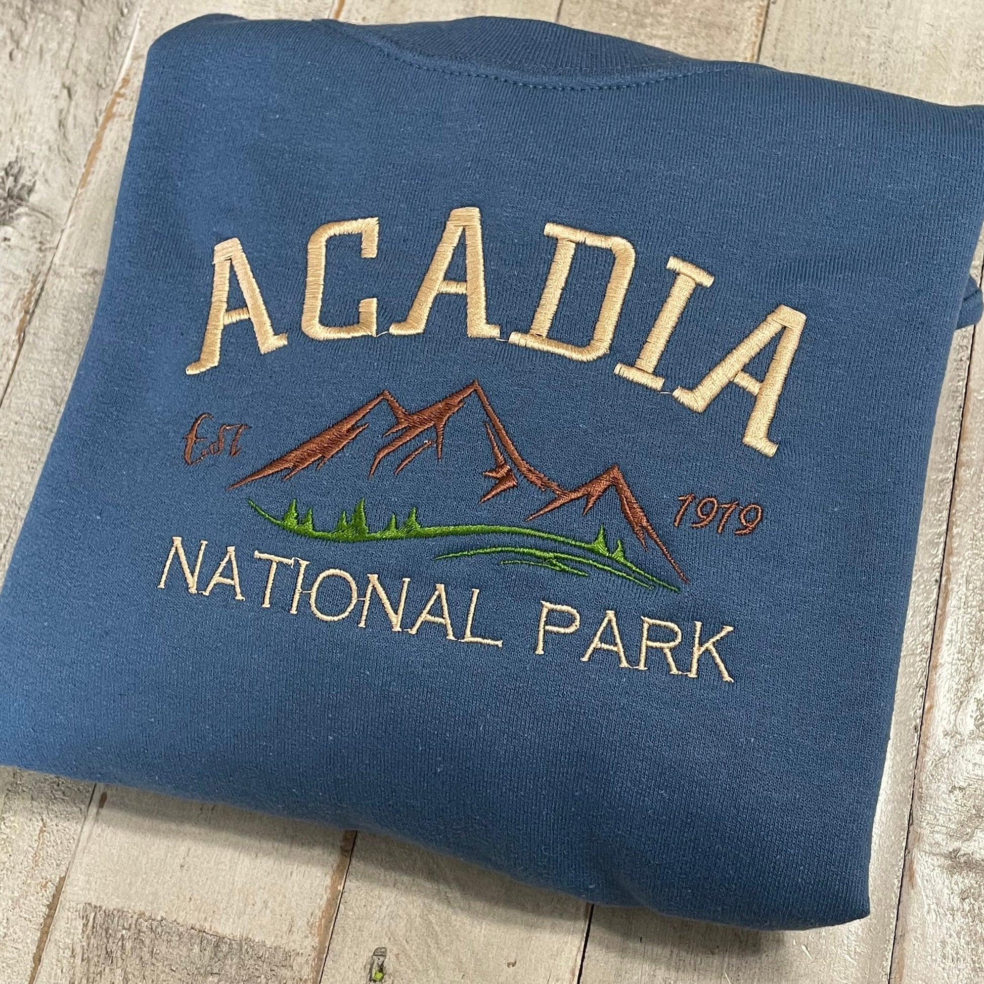 Acadia National Park Embroidered Crewneck Sweatshirt (Mountain)