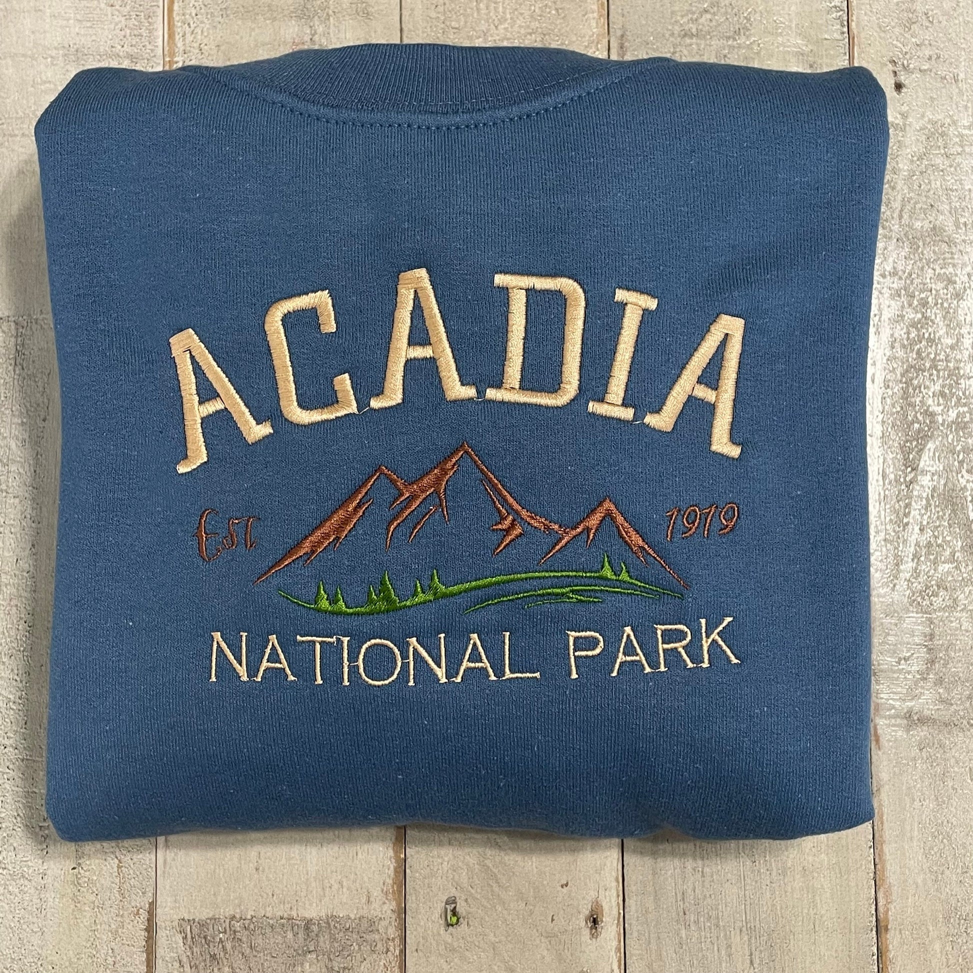 Acadia National Park Embroidered Crewneck Sweatshirt (Mountain)