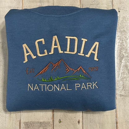 Acadia National Park Embroidered Crewneck Sweatshirt (Mountain)