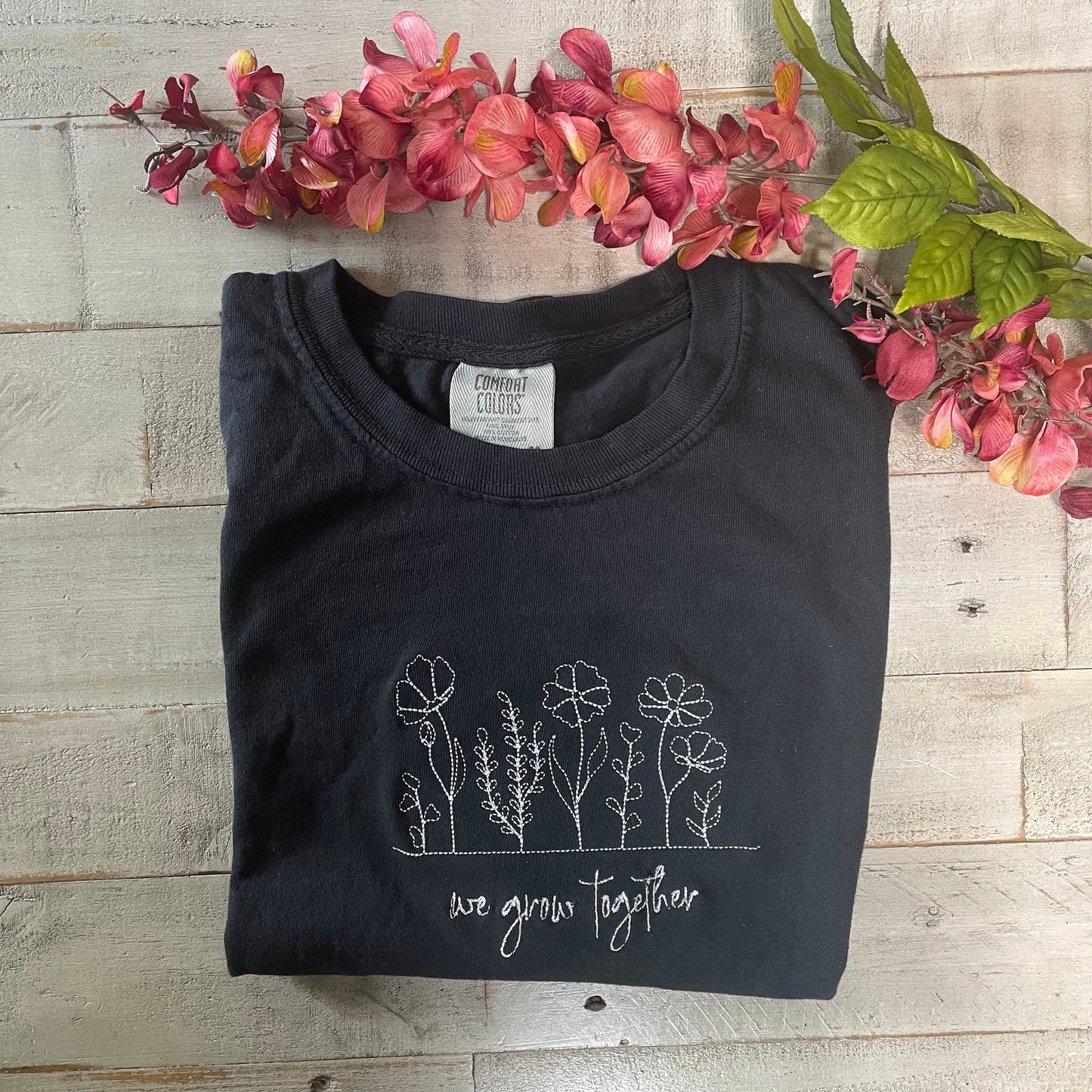Comfort Colors® Wildflowers Embroidered T-Shirt – Comfort Colors Floral Tee, We Grow Together Shirt, Cottagecore Gift, Soft Cotton Women’s T