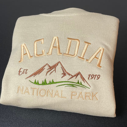 Acadia National Park Embroidered Crewneck Sweatshirt (Mountain)