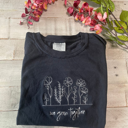 Comfort Colors® Wildflowers Embroidered T-Shirt – Comfort Colors Floral Tee, We Grow Together Shirt, Cottagecore Gift, Soft Cotton Women’s T
