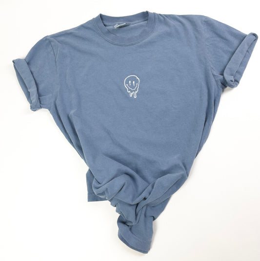 Melted Smiley Face Embroidered T-shirt. Women Comfort Colors Shirt. Custom Oversized Tee