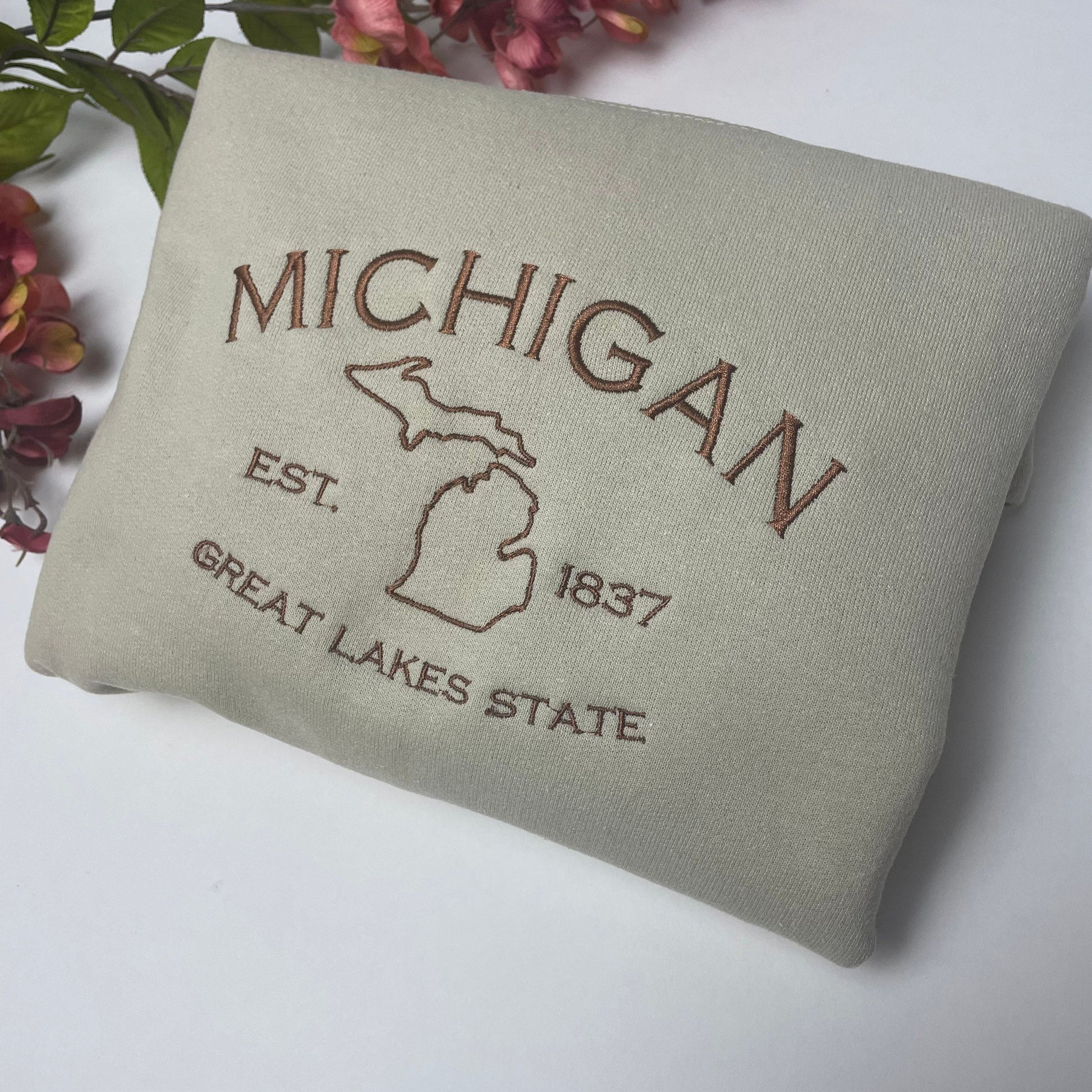 Michigan Embroidered Sweatshirt with Great Lakes State design.