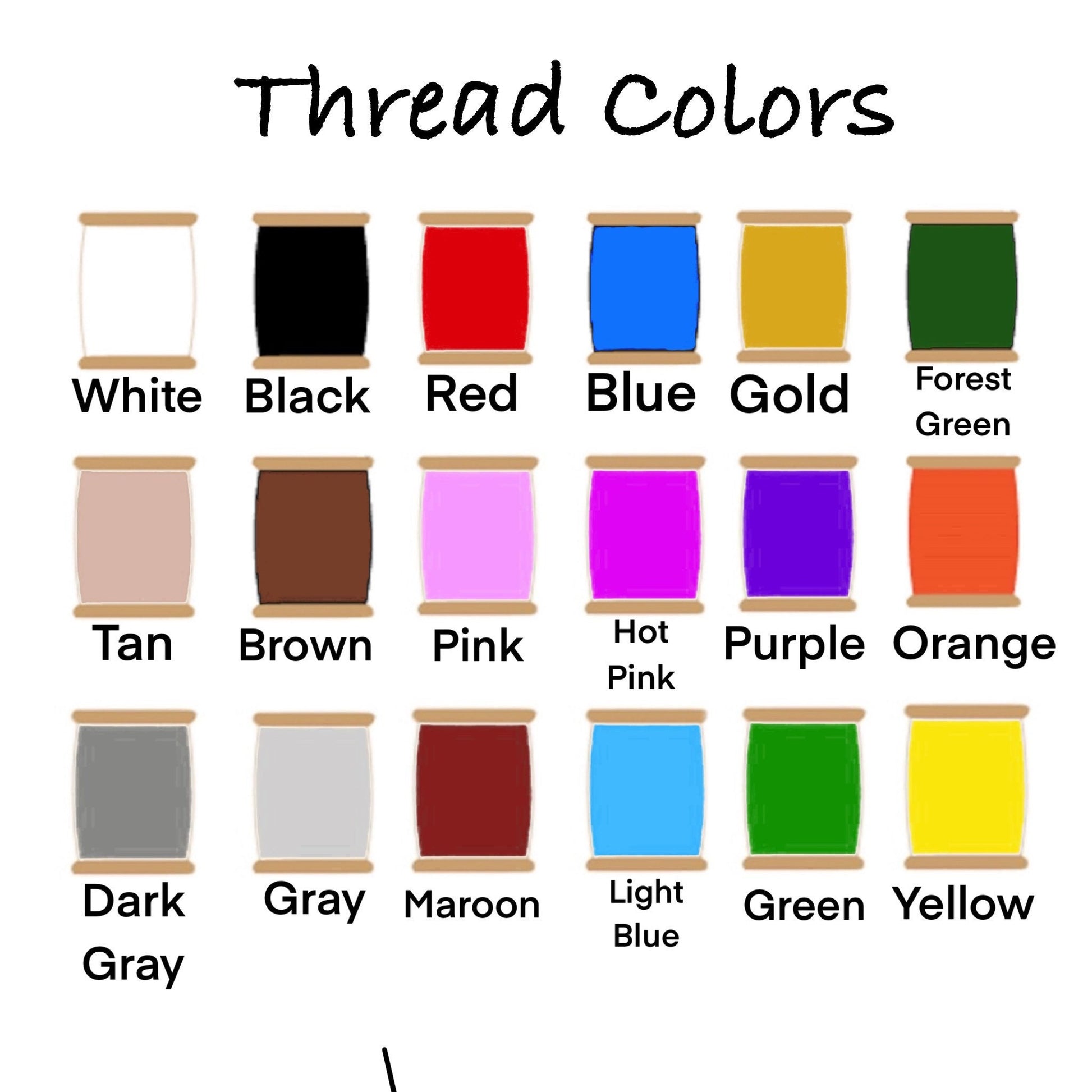 an image featuring all of the colors of the threads available the colors are the following white black, red, blue, gold, forest green tan, brown, pink, hot, pink, purple, orange, dark gray, gray, maroon, light blue, green and yellow