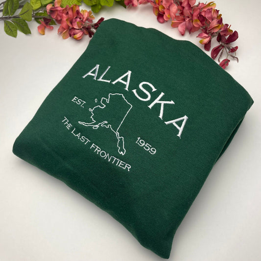Alaska Embroidered Sweatshirt- Alaska T-Shirt and Sweatshirt (State Map)
