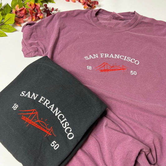 San Francisco Embroidered T-Shirt with Golden Gate Bridge design on soft cotton fabric.