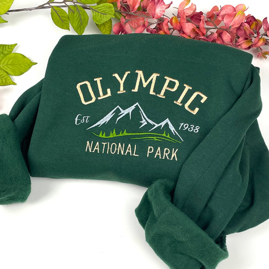 Olympic National Park Embroidered Crewneck-embroidered Crewneck-National Park Sweatshirt Olympic Washington (Mountain)