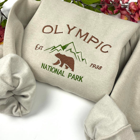 Olympic National Park Embroidered Crewneck-embroidered Crewneck-National Park Sweatshirt Olympic Washington (BEAR)