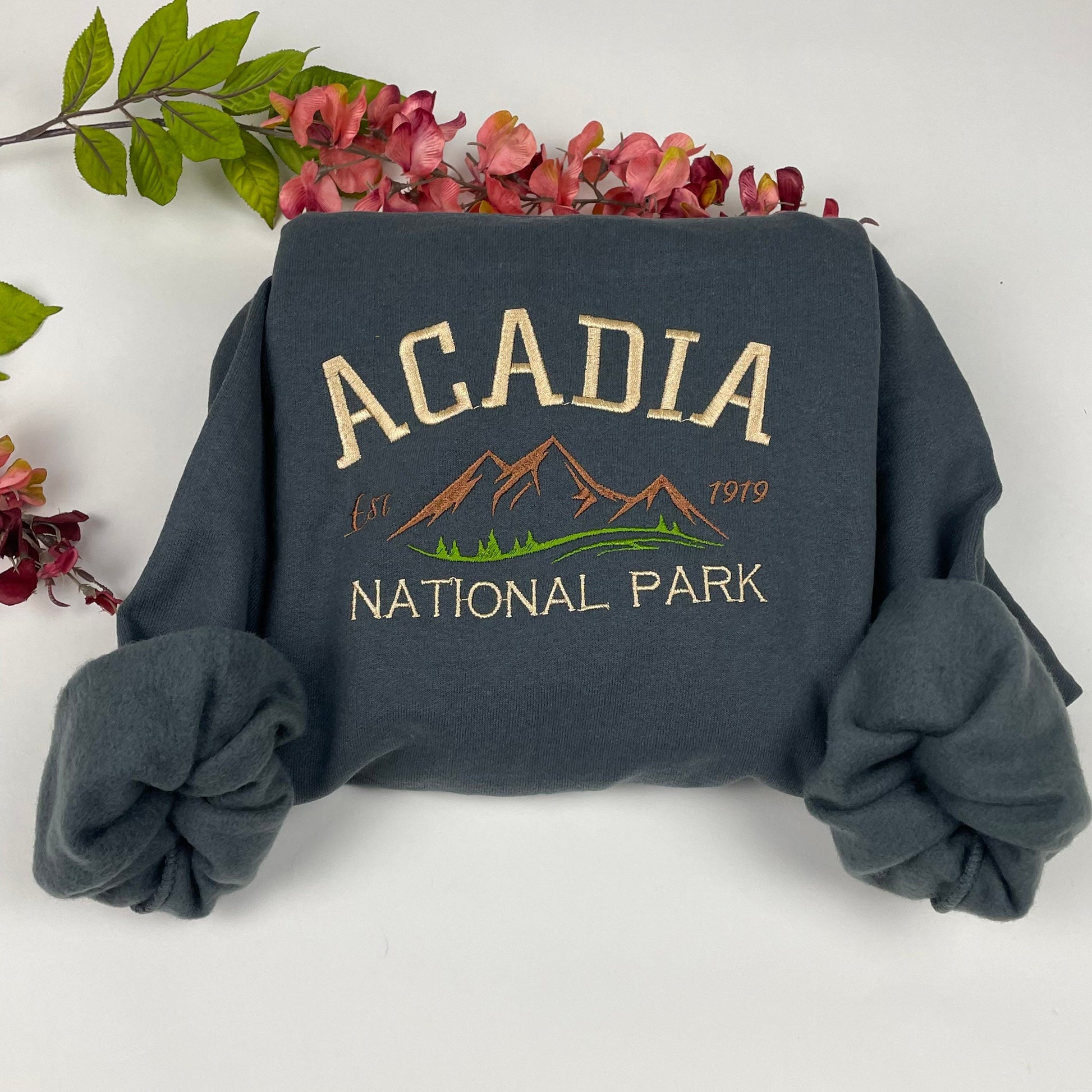Acadia National Park Embroidered Crewneck Sweatshirt (Mountain)
