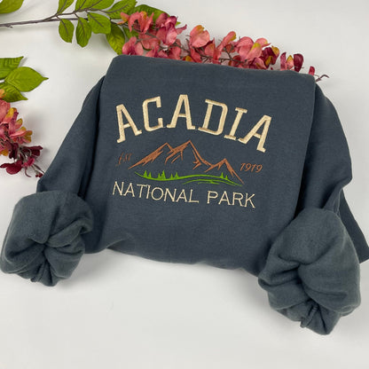 Acadia National Park Embroidered Crewneck Sweatshirt (Mountain)