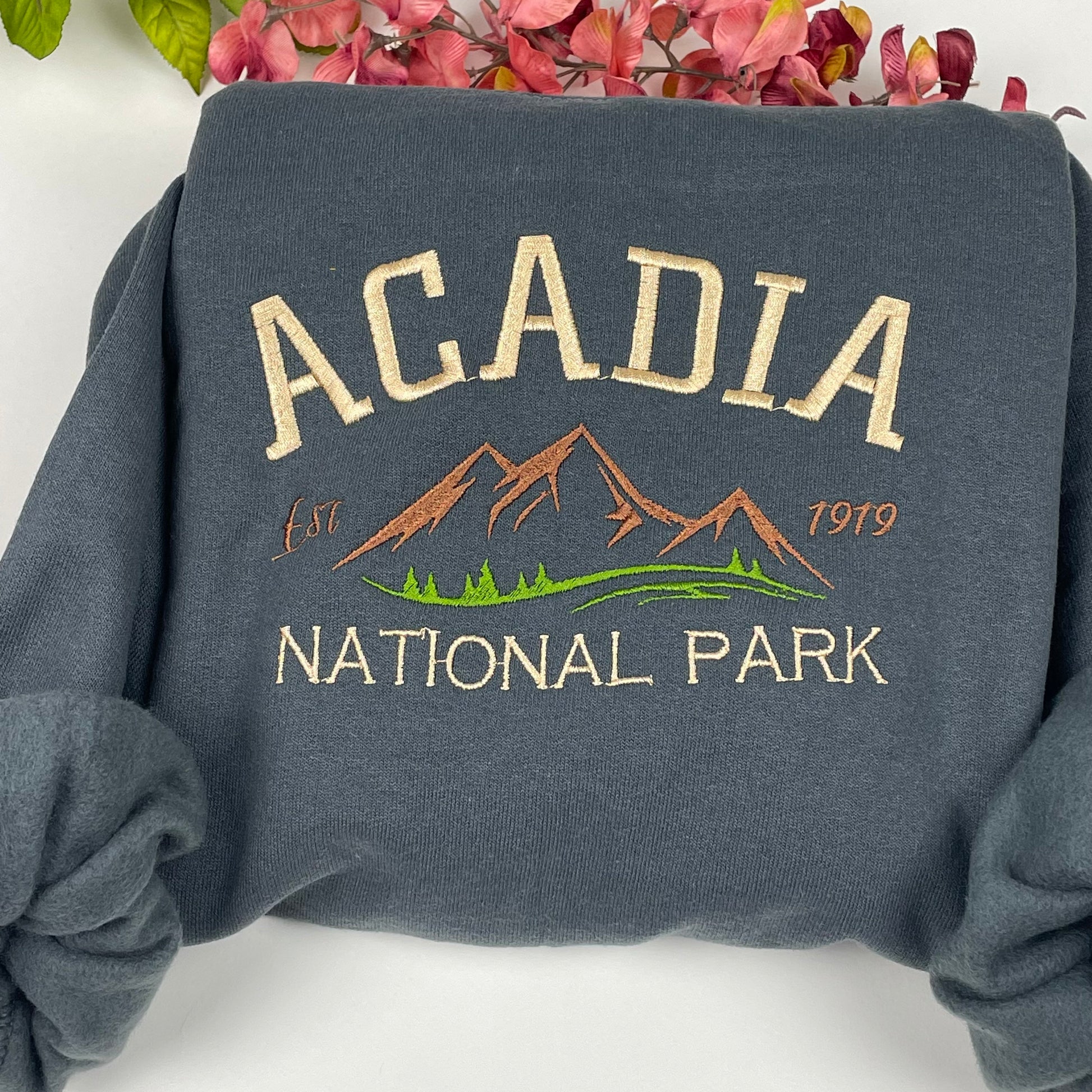 Acadia National Park Embroidered Crewneck Sweatshirt (Mountain)