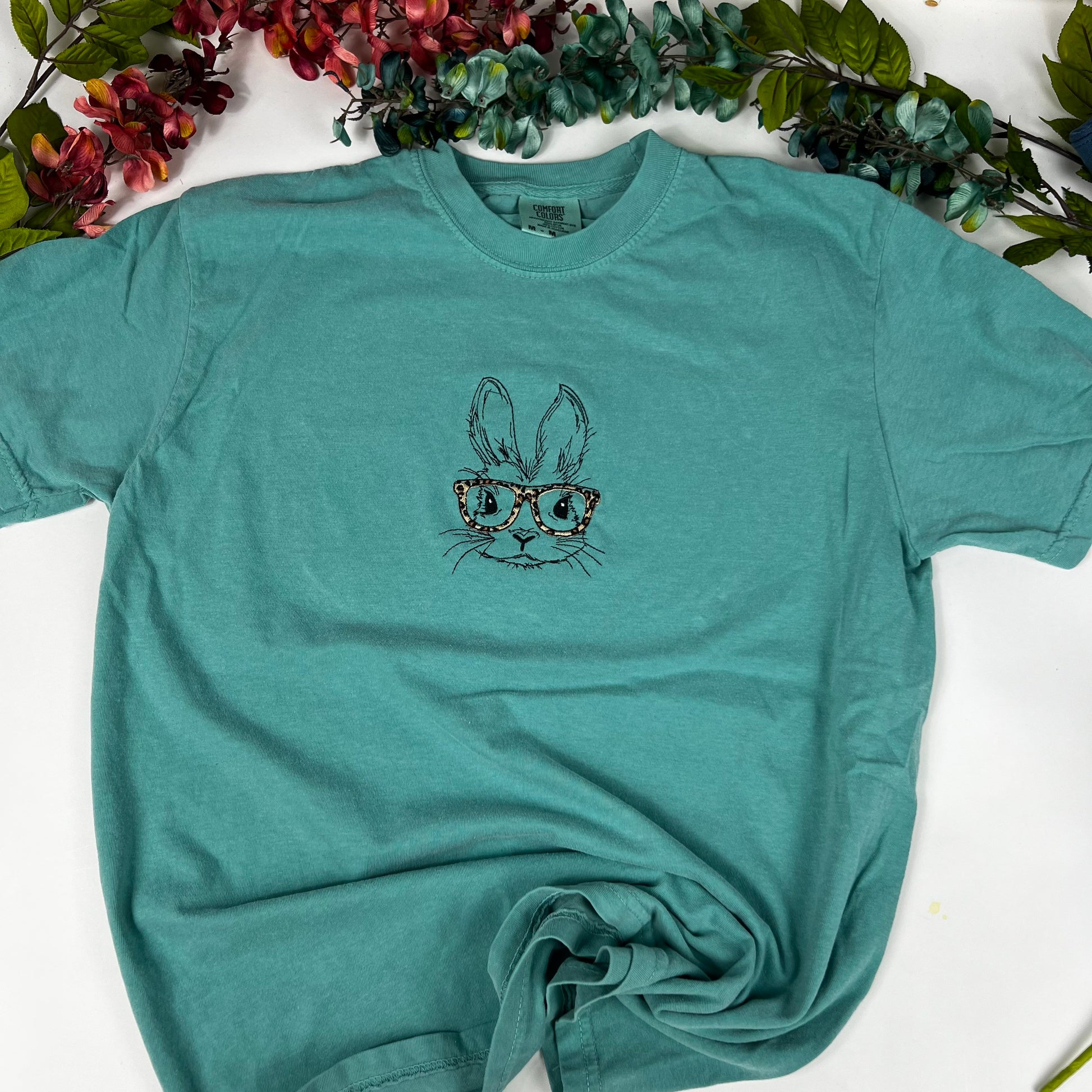 Bunny With Glasses Embroidered T-shirt - Comfort Colors