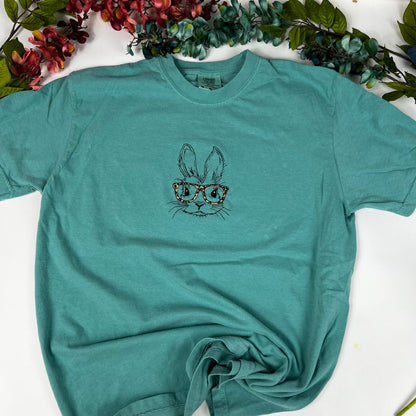 Bunny With Glasses Embroidered T-shirt - Comfort Colors