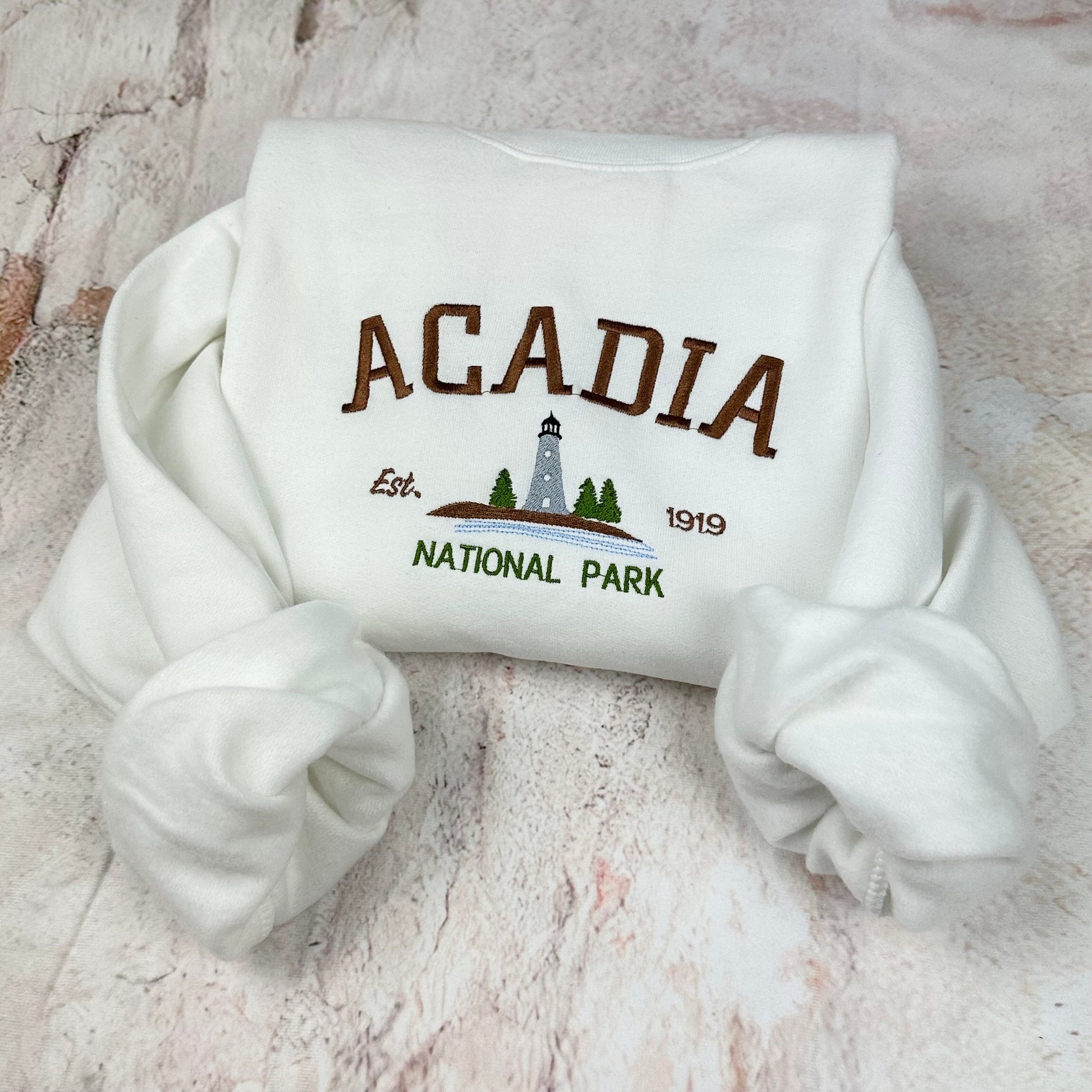 Acadia National Park Embroidered Crewneck Sweatshirt (Light House)