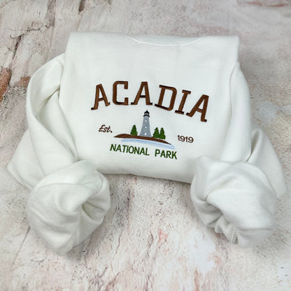 Acadia National Park Embroidered Crewneck Sweatshirt (Light House)