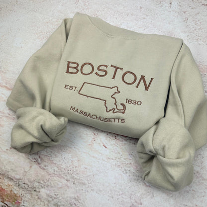 Boston Embroidered Sweatshirt- Massachusetts T-Shirt and Sweatshirt (Map)
