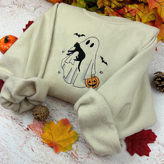 Halloween Ghosts Sweatshirt Embroidered (GHOST WITH CAT)
