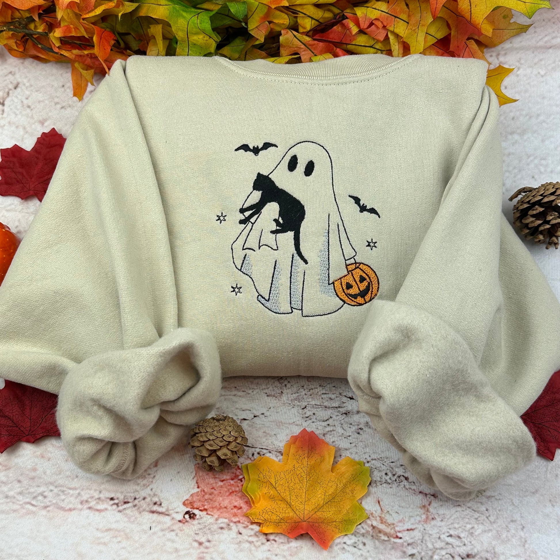 Halloween Ghosts Sweatshirt Embroidered (GHOST WITH CAT)