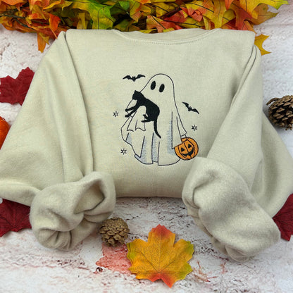 Halloween Ghosts Sweatshirt Embroidered (GHOST WITH CAT)