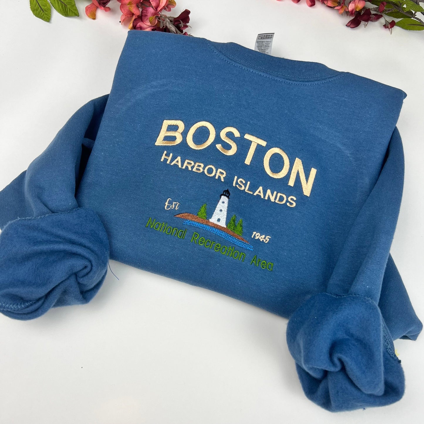 Boston Embroidered Sweatshirt- Massachusetts T-Shirt and Sweatshirt (Light house)