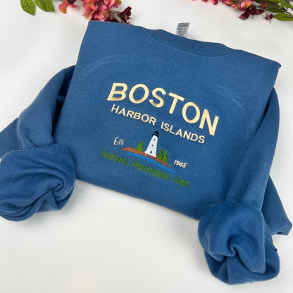 Boston Embroidered Sweatshirt- Massachusetts T-Shirt and Sweatshirt (Light house)