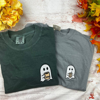 Ghost Coffee Embroidered T-shirt- Funny shirt- Halloween Ghost Comfort colors T-shirt