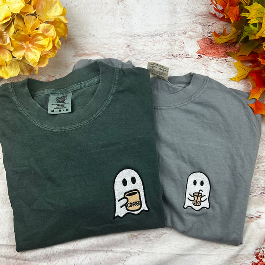 Ghost Coffee Embroidered T-shirt- Funny shirt- Halloween Ghost Comfort colors T-shirt
