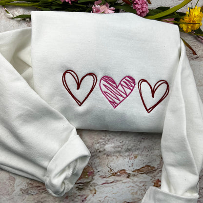 Valentine's Sweatshirt - Love Heart Sweatshirt - Heart Arm Patches - Cute Valentine's Sweater - Teacher Valentine's Shirt - 3 Hearts Outline