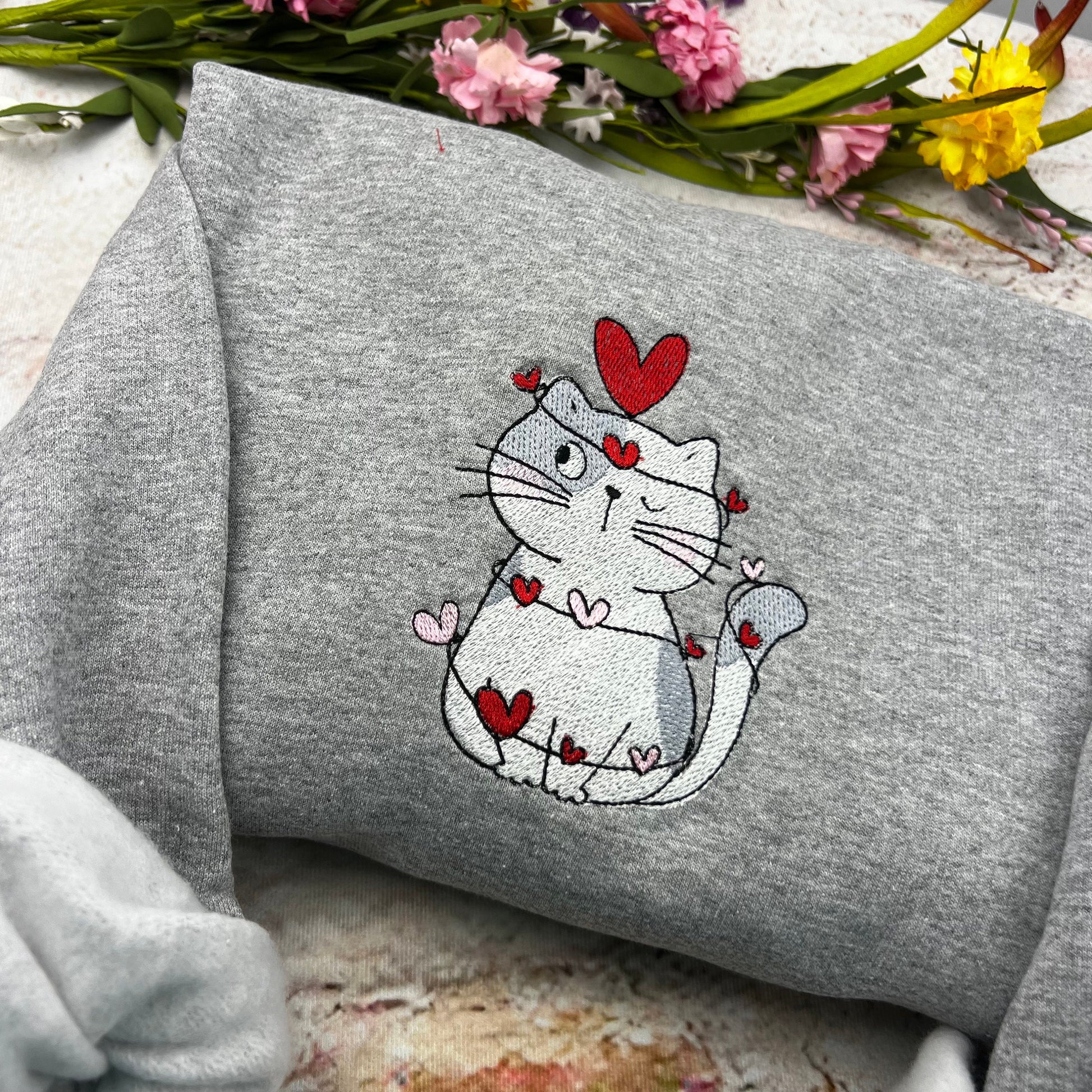 Embroidered Cute Cat Valentine Sweatshirt, Cat Lover Valentine Sweatshirt, Girls Valentines Day Gift, Funny Valentines Day Sweater.